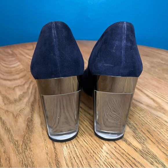 Stuart Weitzman Lucite Navy Suede Almond Toe Chunky Pumps Blue Heels Women’s 9 - Picture 4 of 11